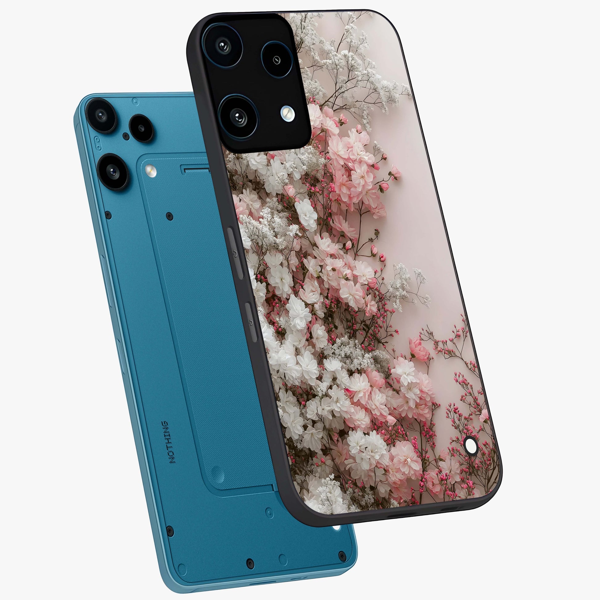 Blush Blossom Cloud Glass Case displayed in angled mockup highlighting soft cloud and blossom design with pastel aesthetic.