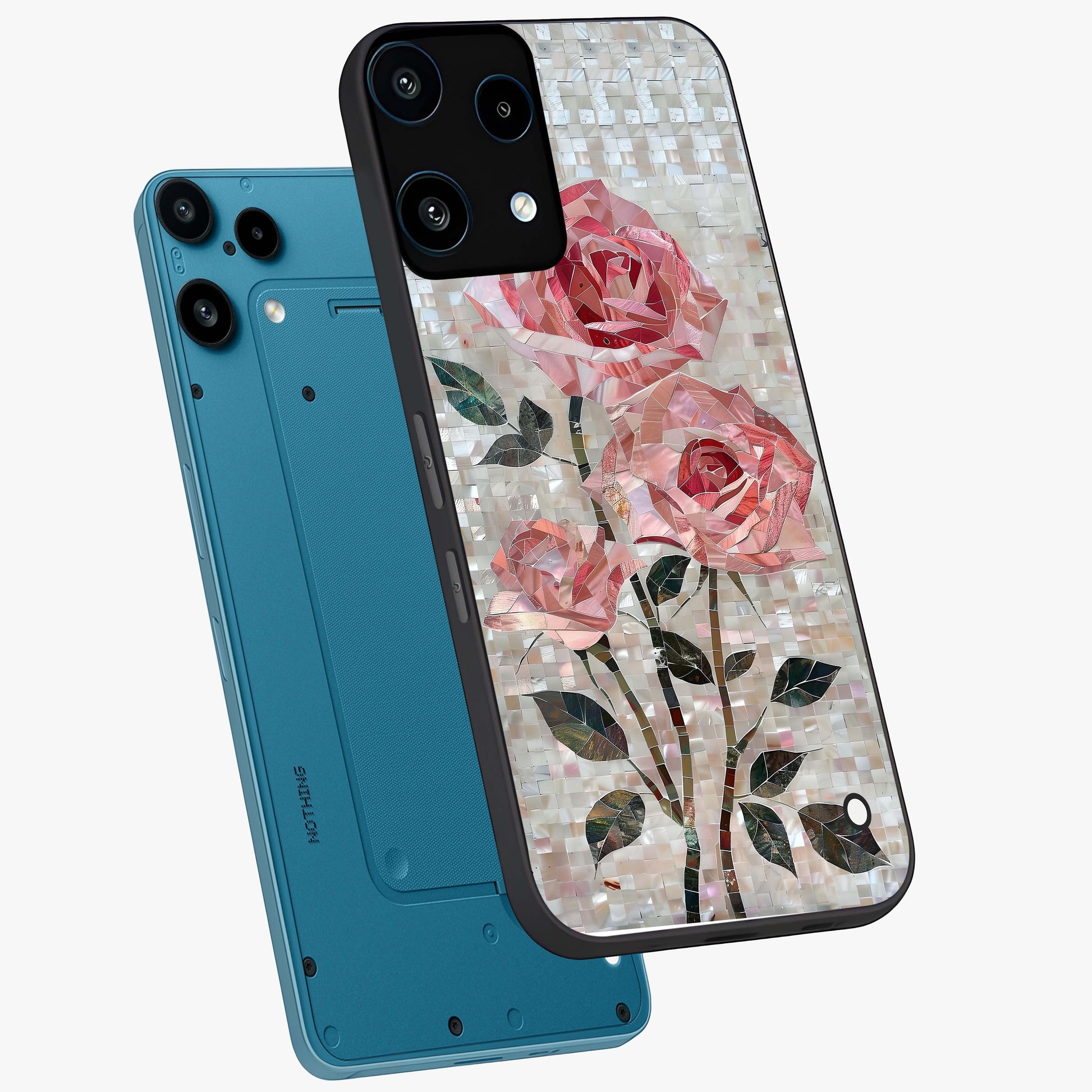 Blush Mosaic Bloom Glass Case displayed in angled mockup highlighting artistic mosaic flower pattern with aesthetic design.