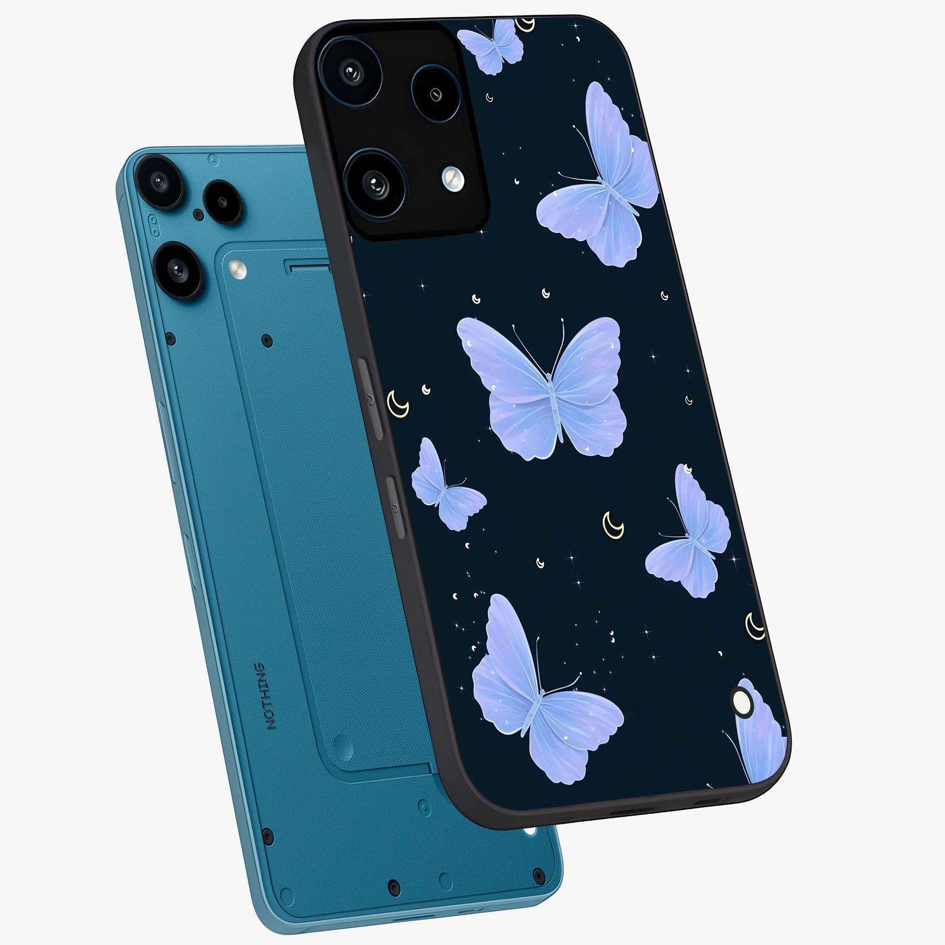 Butterfly With Stars Pattern Glass Case displayed in angled mockup highlighting dreamy butterfly and star design with aesthetic theme.