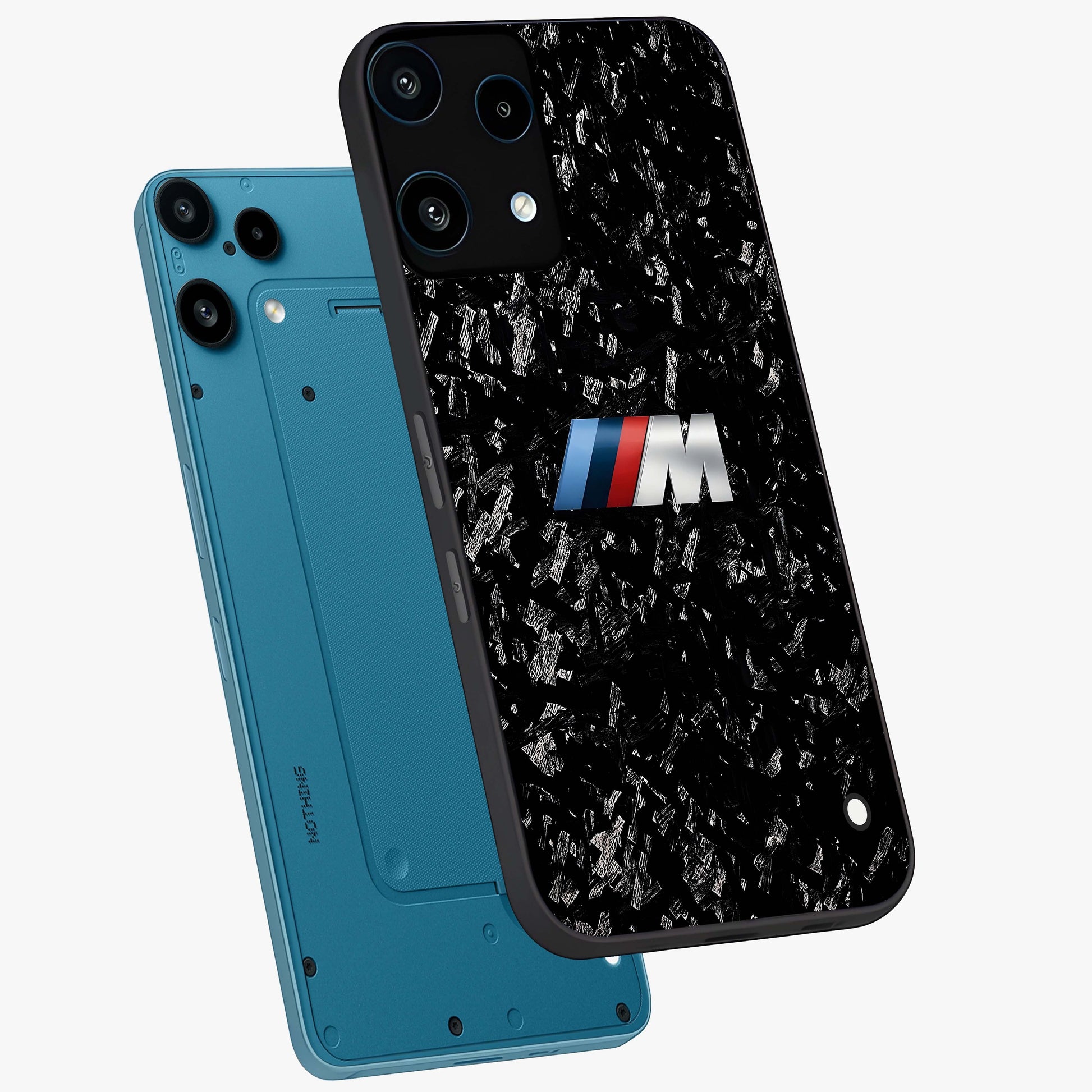 Carbon Speed Mark Glass Case displayed in angled mockup highlighting racing inspired carbon design and sleek aesthetic style.