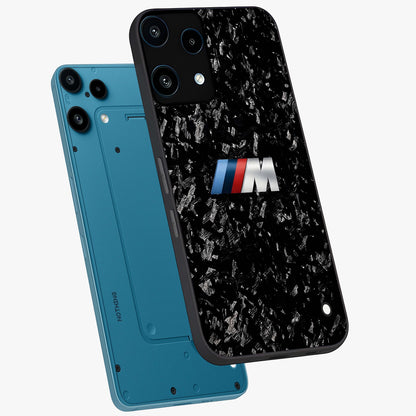 Carbon Speed Mark Glass Case displayed in angled mockup highlighting racing inspired carbon design and sleek aesthetic style.