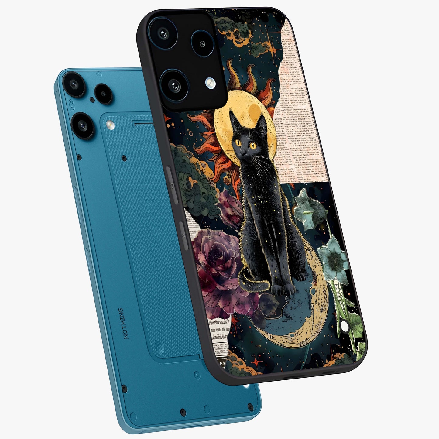 Celestial Black Cat Glass Case displayed in angled mockup highlighting cosmic black cat design with celestial aesthetic.