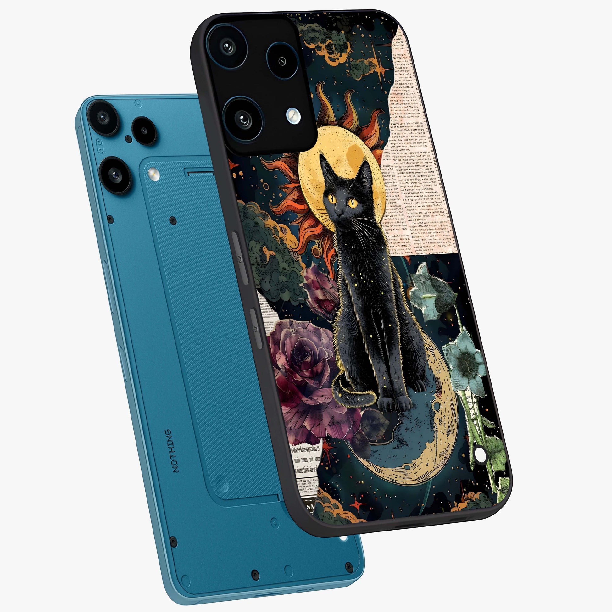 Celestial Black Cat Glass Case displayed in angled mockup highlighting cosmic black cat design with celestial aesthetic.
