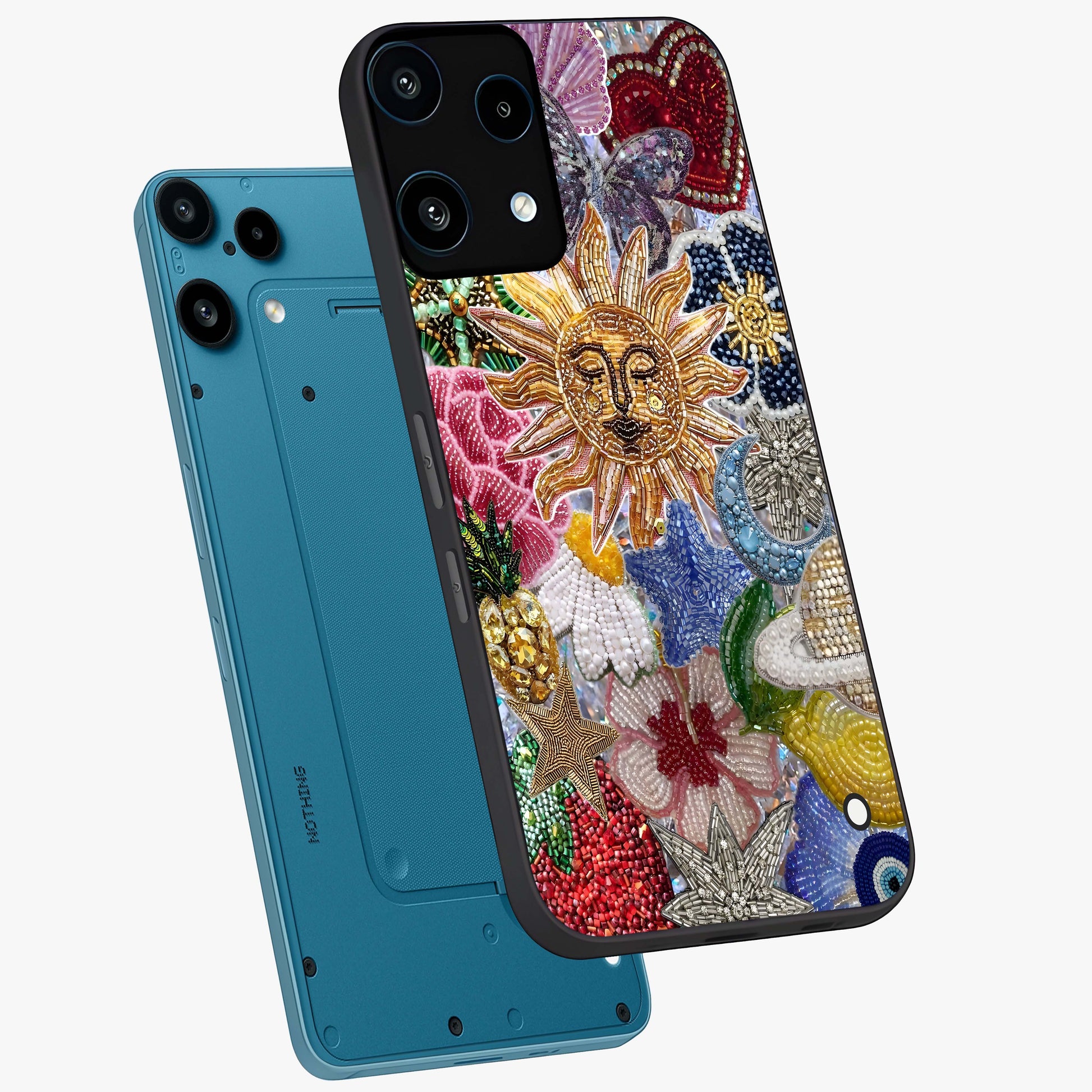 Celestial Floral and Playful Glass Case displayed in angled mockup highlighting playful floral design with dreamy celestial elements.
