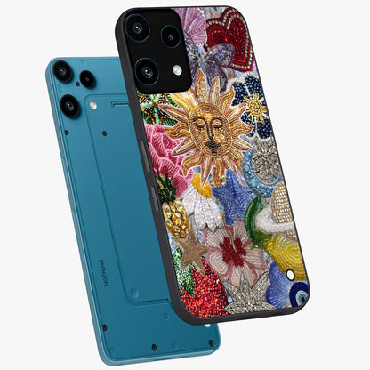 Celestial Floral and Playful Glass Case displayed in angled mockup highlighting playful floral design with dreamy celestial elements.