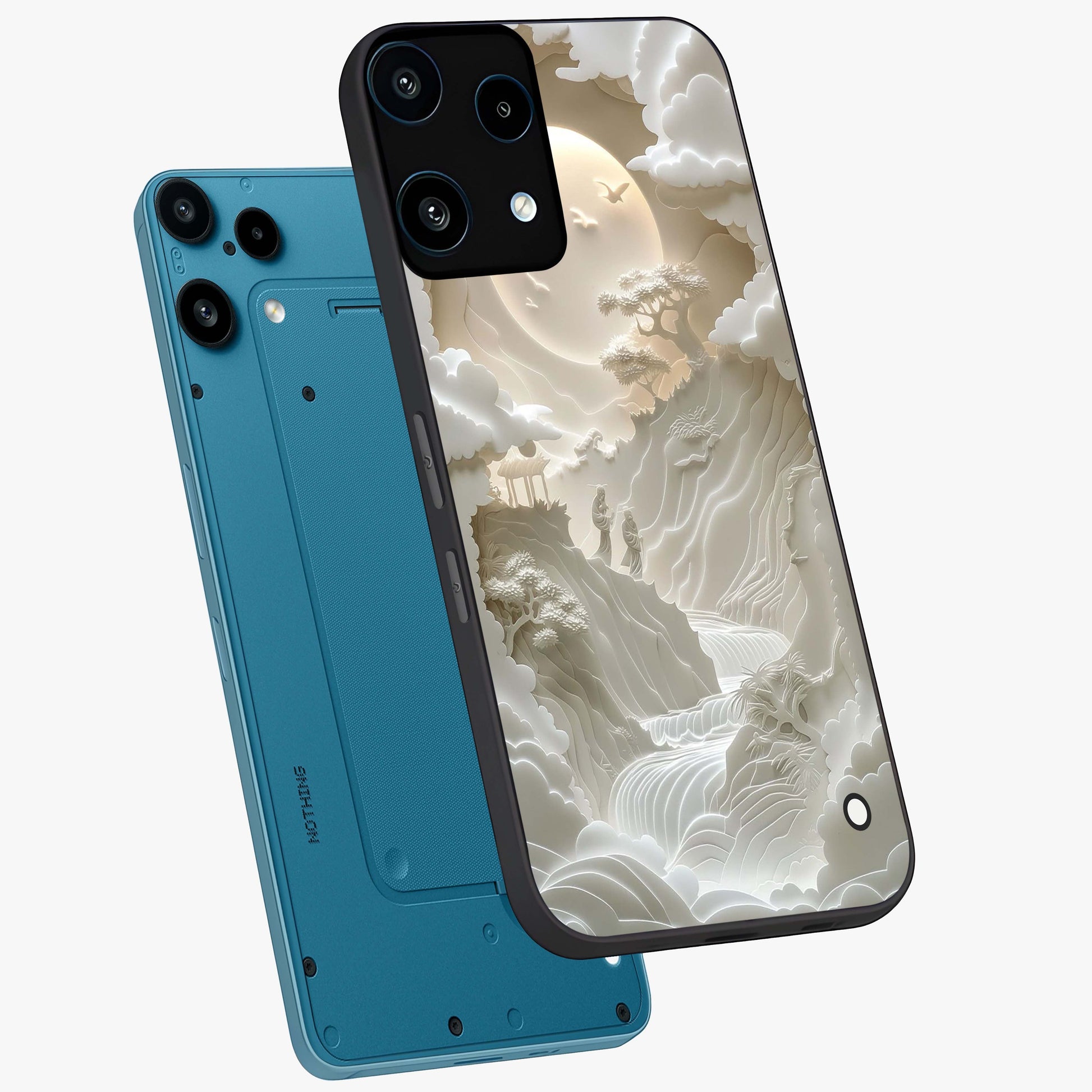 Celestial Origami Glass Case displayed in angled mockup highlighting geometric origami design with cosmic aesthetic theme.