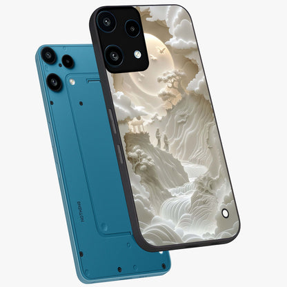 Celestial Origami Glass Case displayed in angled mockup highlighting geometric origami design with cosmic aesthetic theme.