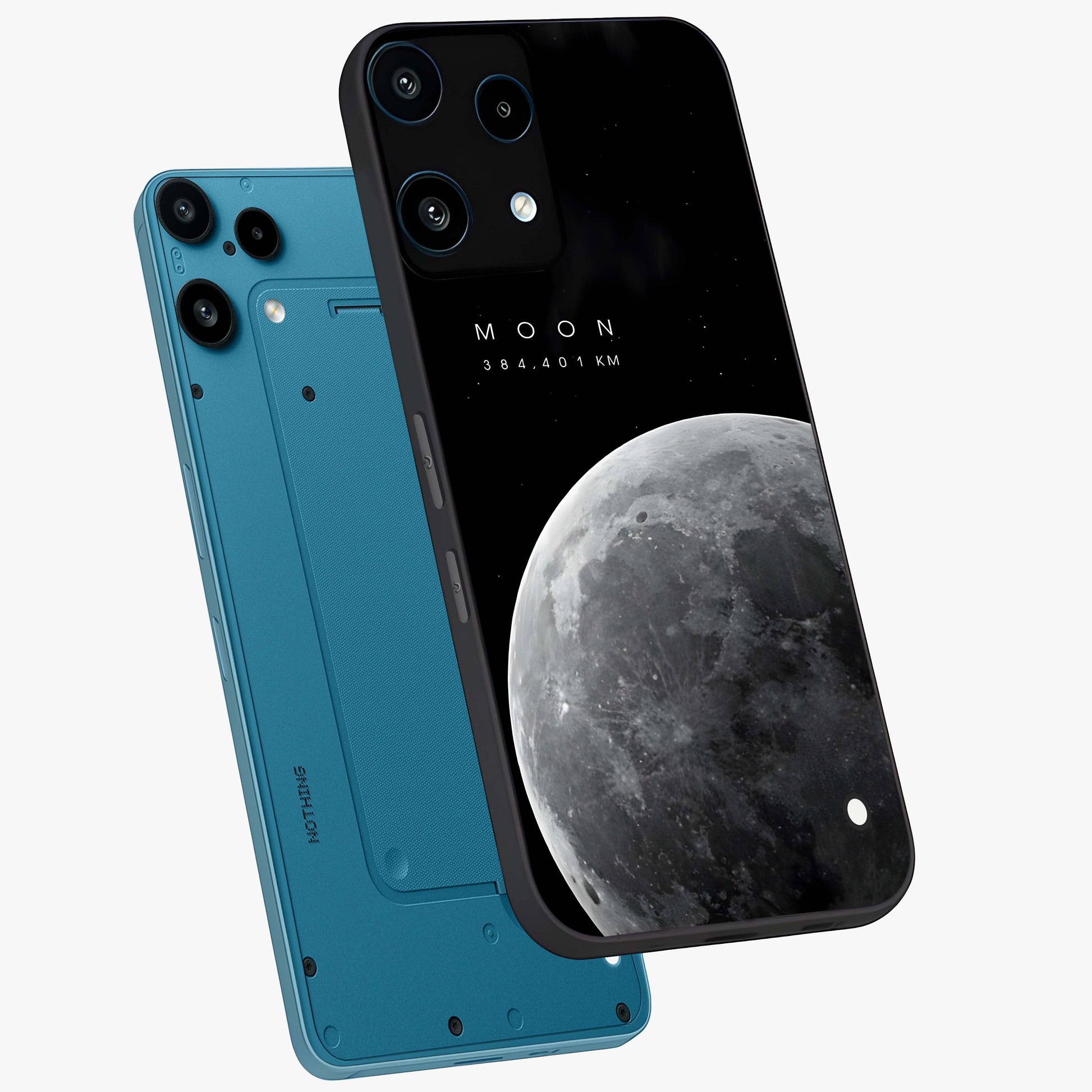 Cosmic Moon Glow Glass Case displayed in angled mockup highlighting celestial moon design with cosmic aesthetic theme.