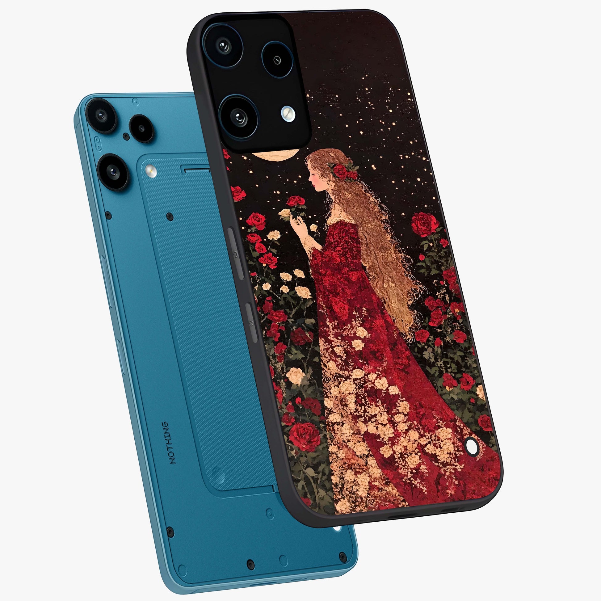 Crimson Dreams Glass Case displayed in angled mockup highlighting soft crimson aesthetic design with artistic theme.