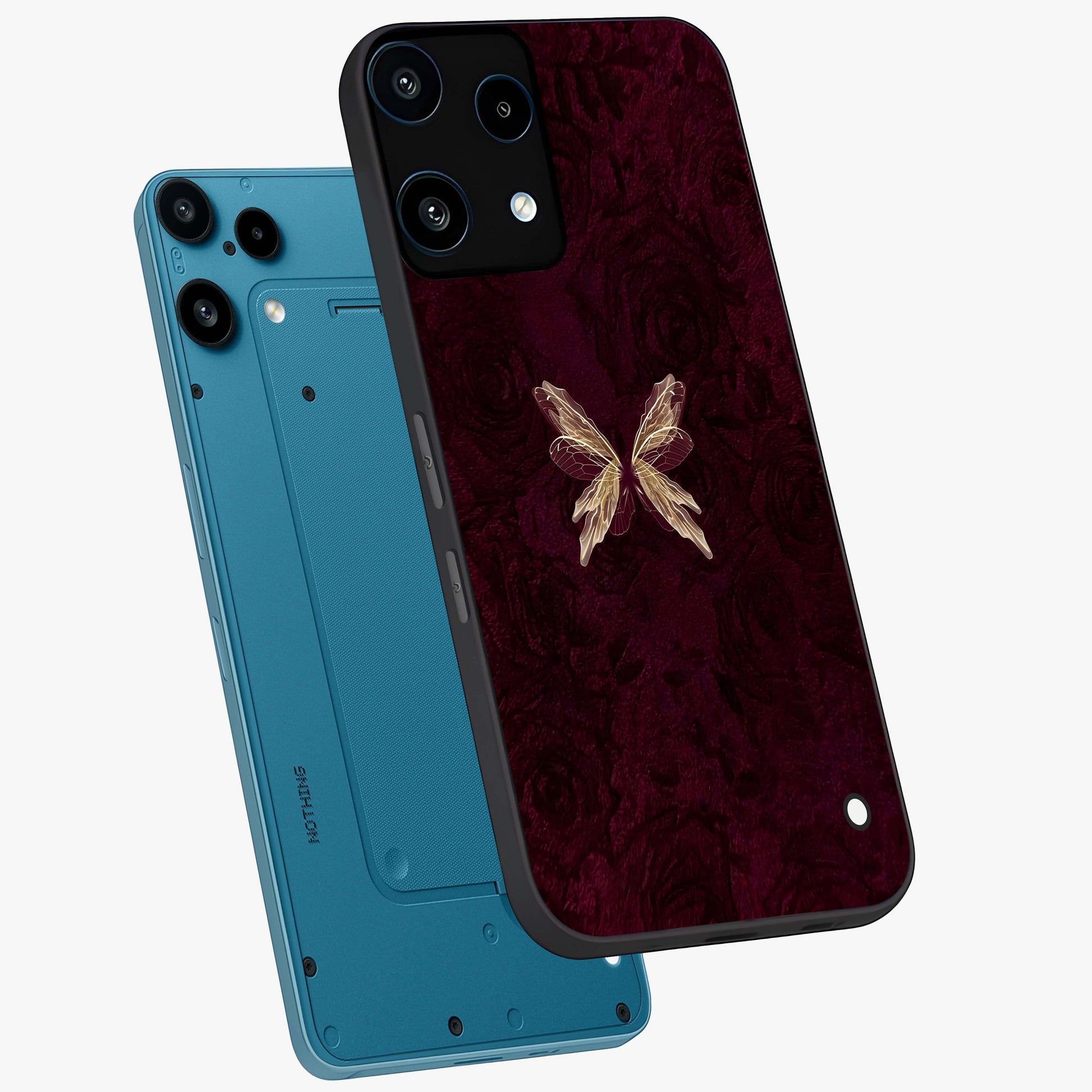 Crimson Fade Butterfly Glass Case displayed in angled mockup highlighting elegant butterfly design with crimson gradient aesthetic.