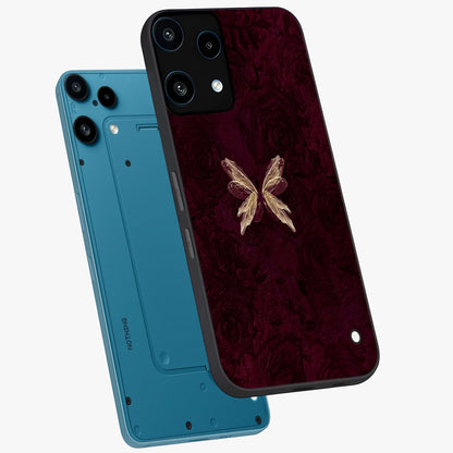 Crimson Fade Butterfly Glass Case displayed in angled mockup highlighting elegant butterfly design with crimson gradient aesthetic.