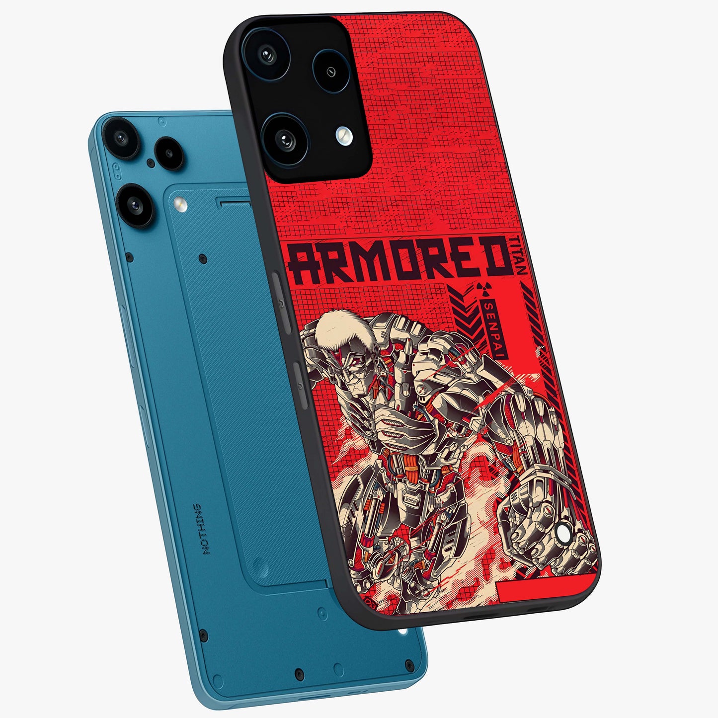 Crimson Mecha Titan Glass Case displayed in angled mockup highlighting futuristic mech illustration with bold crimson aesthetic.