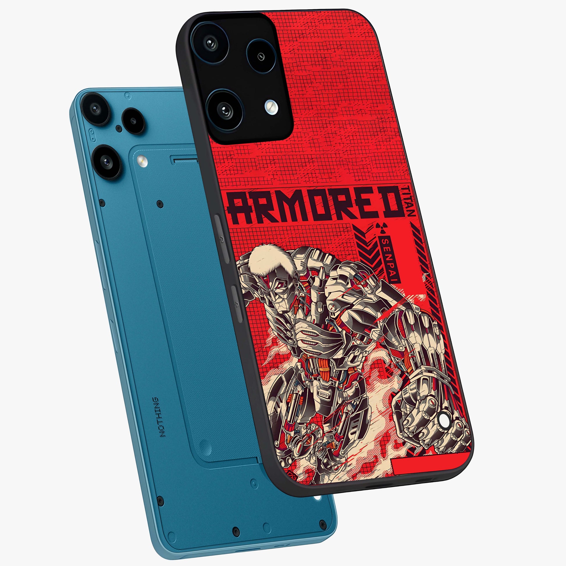 Crimson Mecha Titan Glass Case displayed in angled mockup highlighting futuristic mech illustration with bold crimson aesthetic.