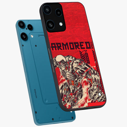Crimson Mecha Titan Glass Case displayed in angled mockup highlighting futuristic mech illustration with bold crimson aesthetic.