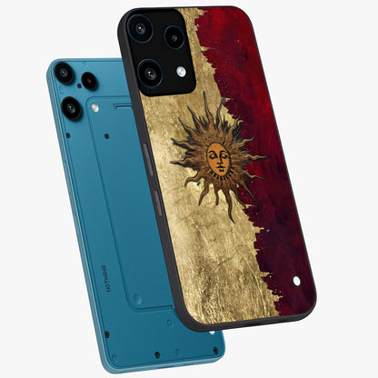 Crimson Sun Majesty Glass Case displayed in angled mockup highlighting majestic crimson sun design with bold aesthetic style.