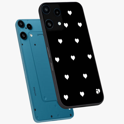 Cute And Simple White Hearts Glass Case displayed in angled mockup highlighting cute heart design with clean aesthetic style.