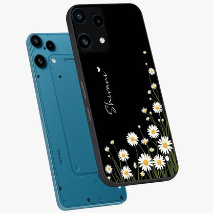 Daisy Cascade Custom Name Glass Case displayed in angled mockup highlighting delicate daisy artwork with custom name feature.