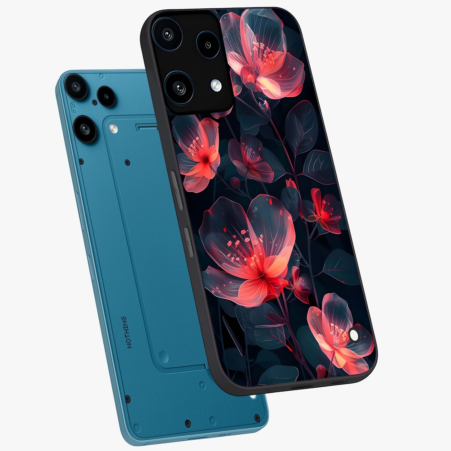 Dark Shade of Flower Glass Case displayed in angled mockup highlighting moody floral illustration with aesthetic dark tones.