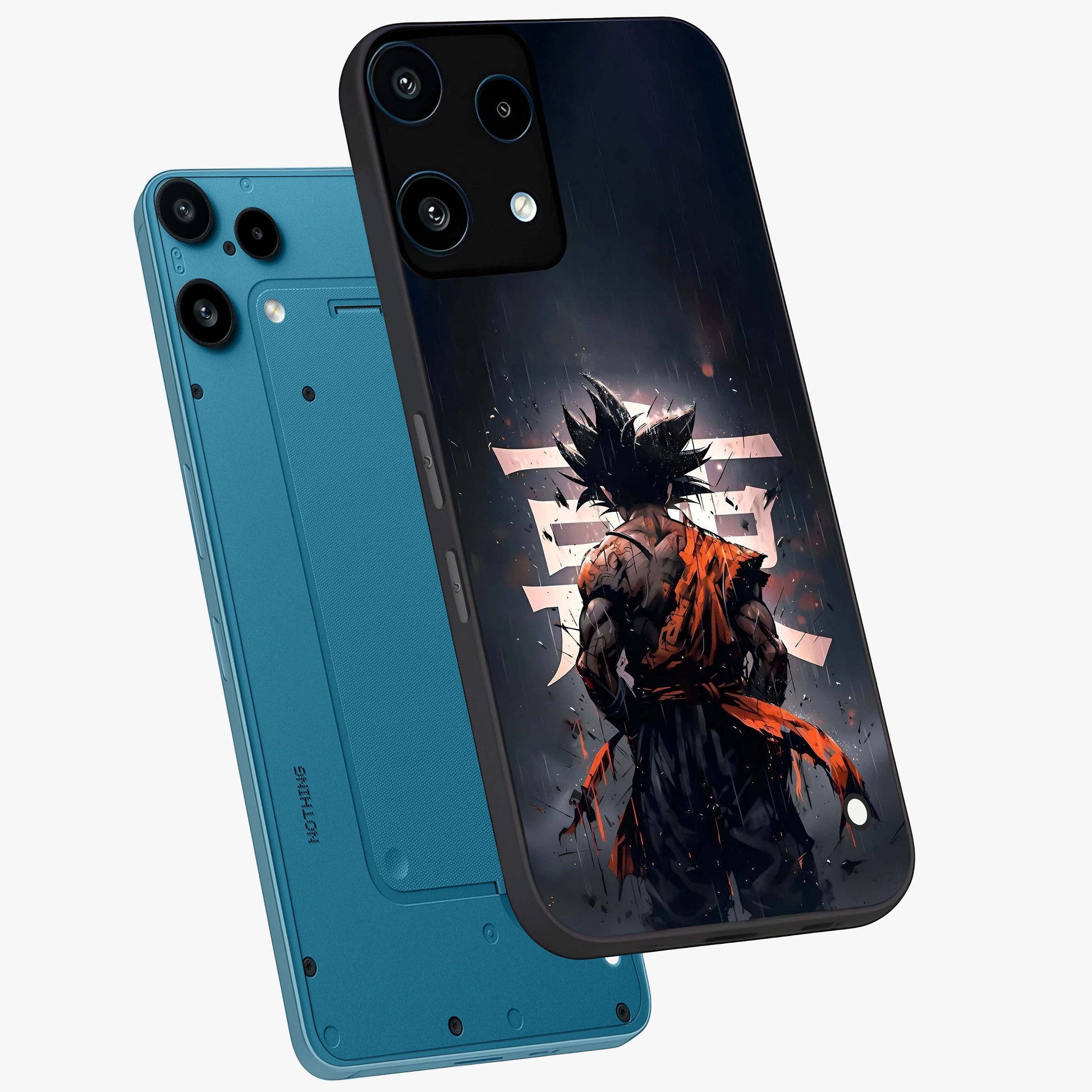 Dark Warrior In Rain Glass Case displayed in angled mockup highlighting dramatic warrior illustration with dark rain aesthetic.
