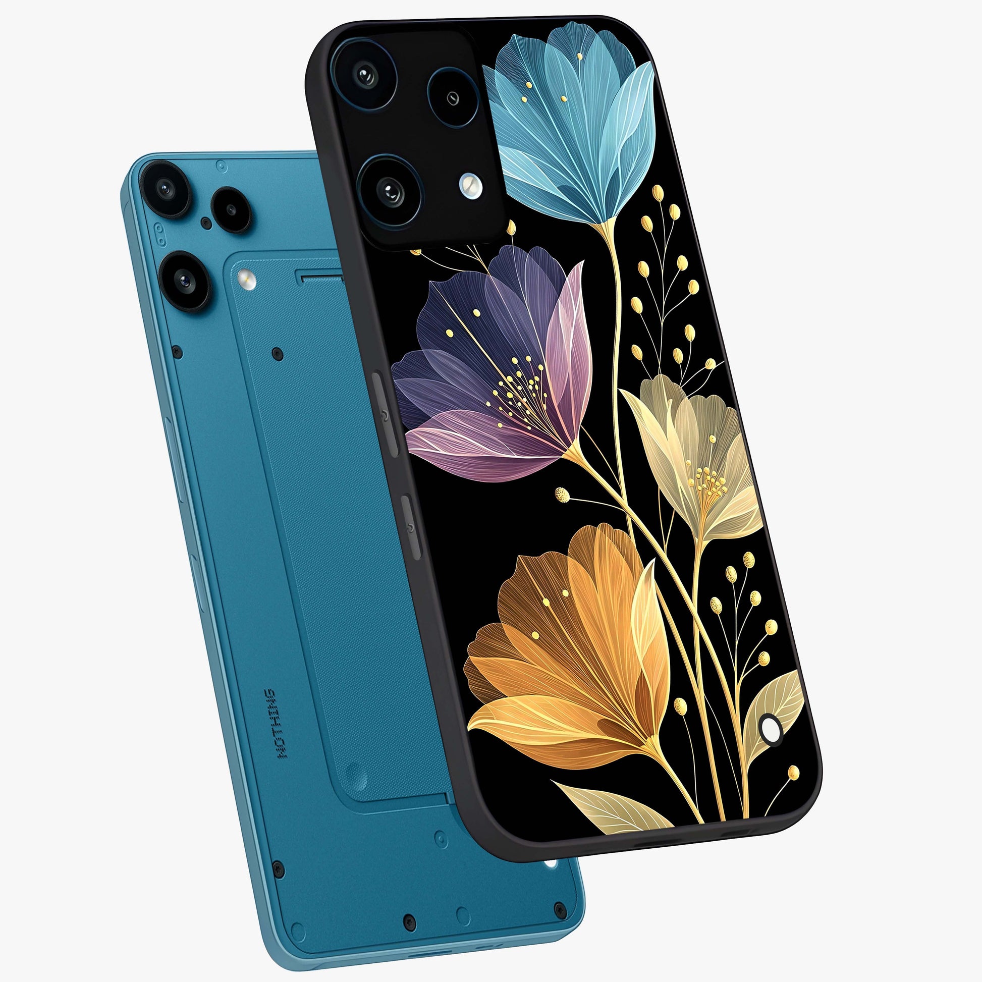 Delicate Multicolor Flowers Glass Case displayed in angled mockup highlighting colorful flower pattern with soft aesthetic style.