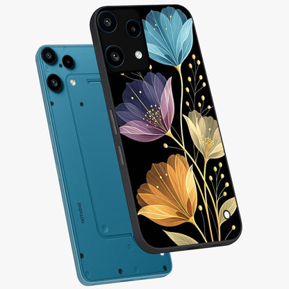 Delicate Multicolor Flowers Glass Case displayed in angled mockup highlighting colorful flower pattern with soft aesthetic style.