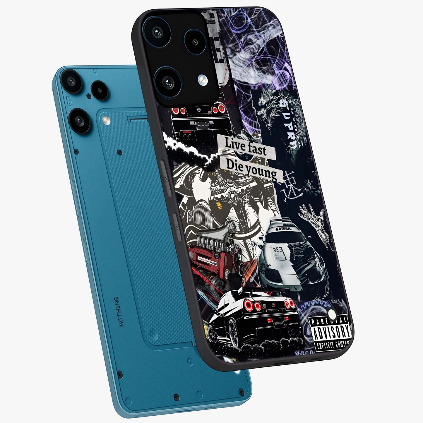 Die Young Glass Case displayed in angled mockup highlighting expressive graphic artwork with edgy aesthetic style.