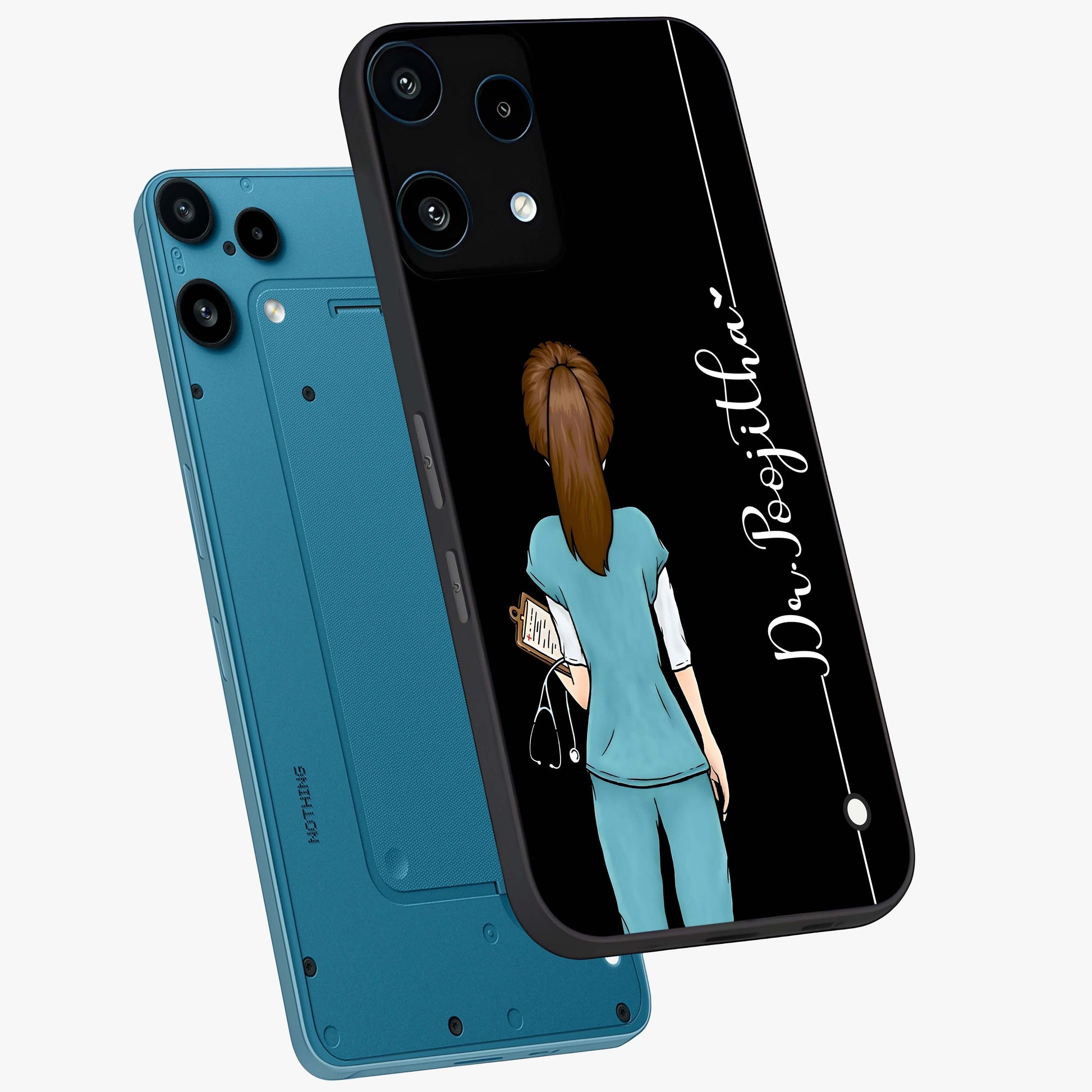 Doctor Pattern Custom Name Glass Case displayed in angled mockup highlighting doctor inspired artwork with custom name feature.