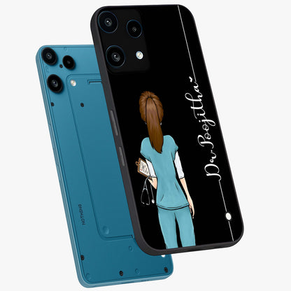 Doctor Pattern Custom Name Glass Case displayed in angled mockup highlighting doctor inspired artwork with custom name feature.