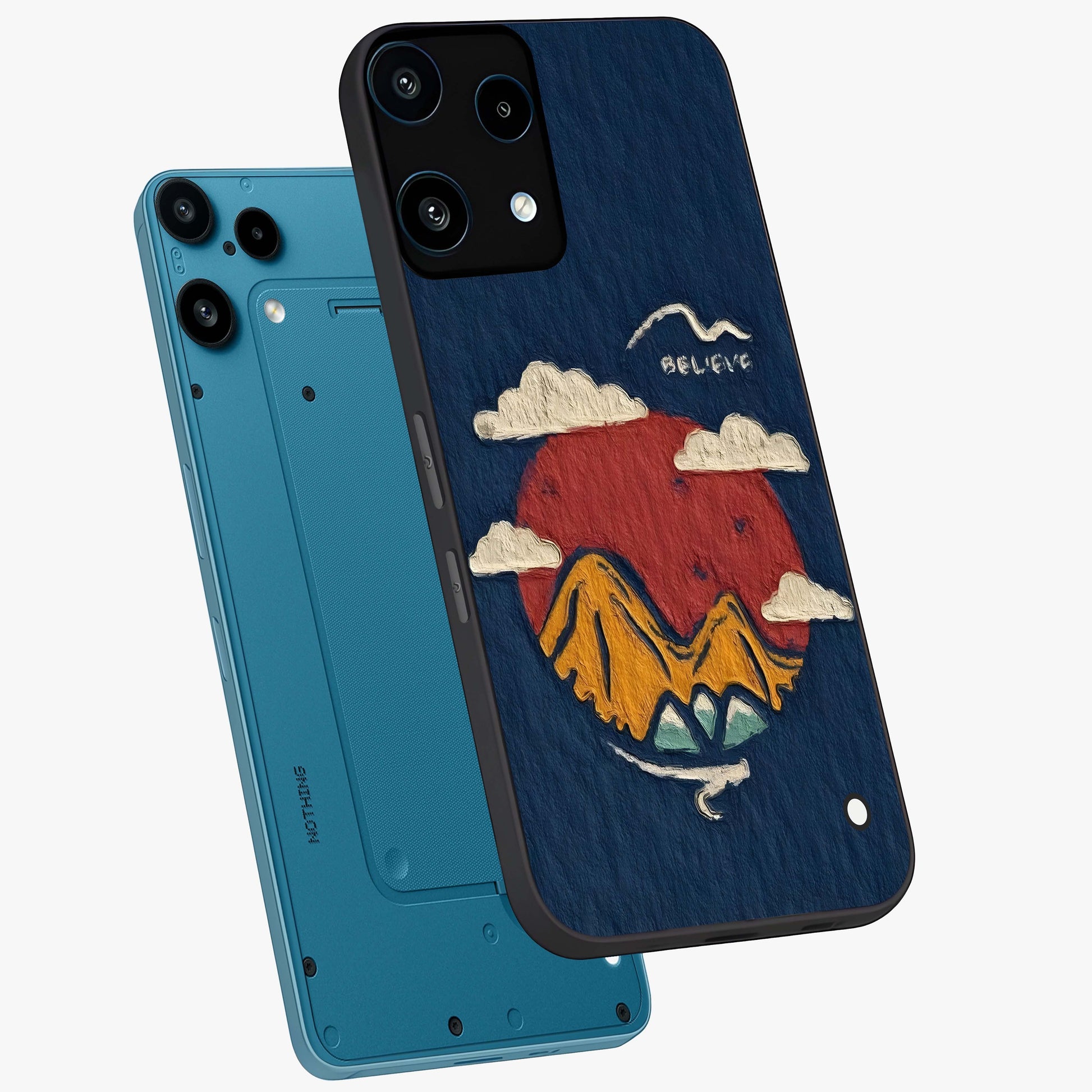 Dream Beyond Mountains Glass Case displayed in angled mockup highlighting dreamy mountain illustration with peaceful aesthetic.