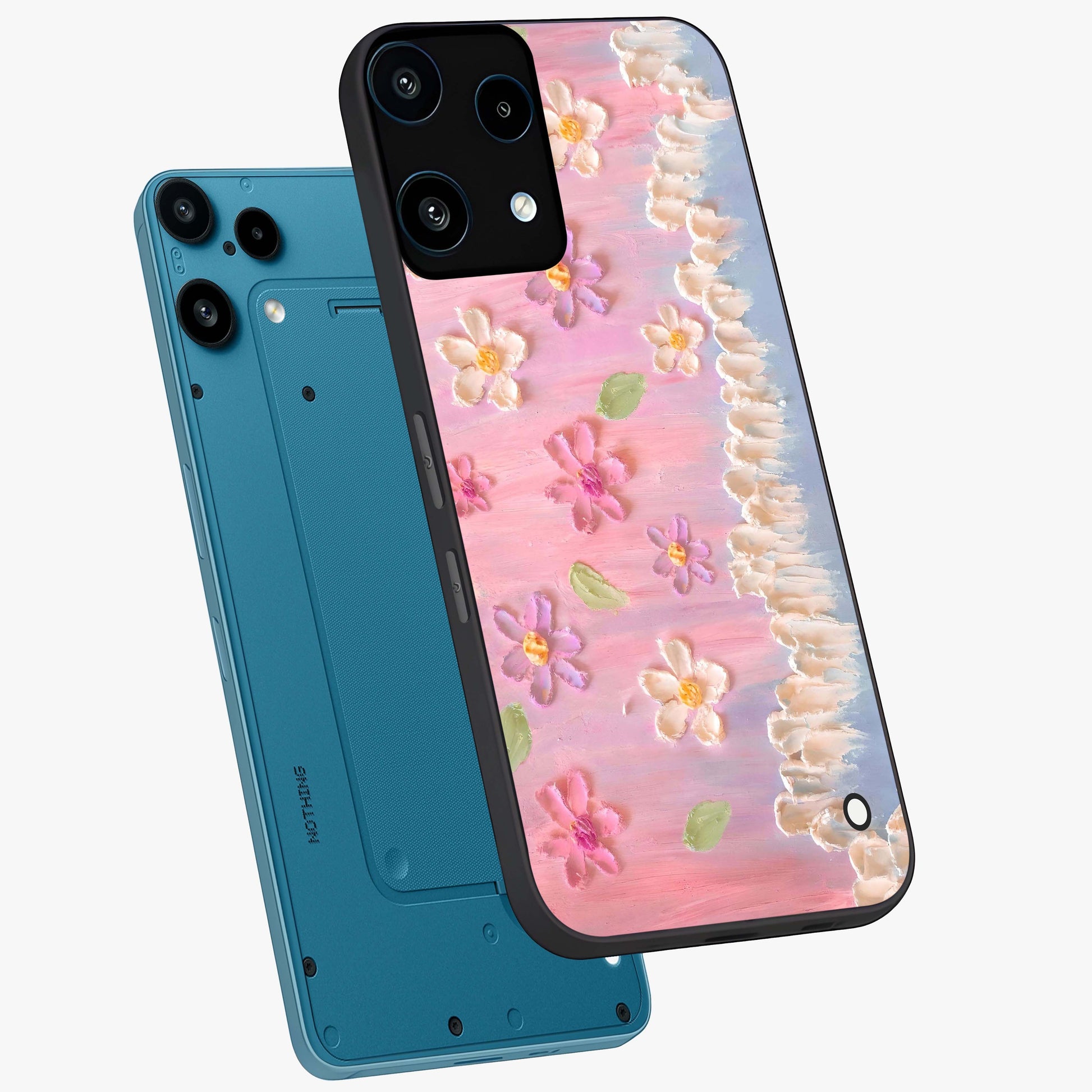 Dreamy Painted Garden Glass Case displayed in angled mockup highlighting colorful garden illustration with dreamy aesthetic style.
