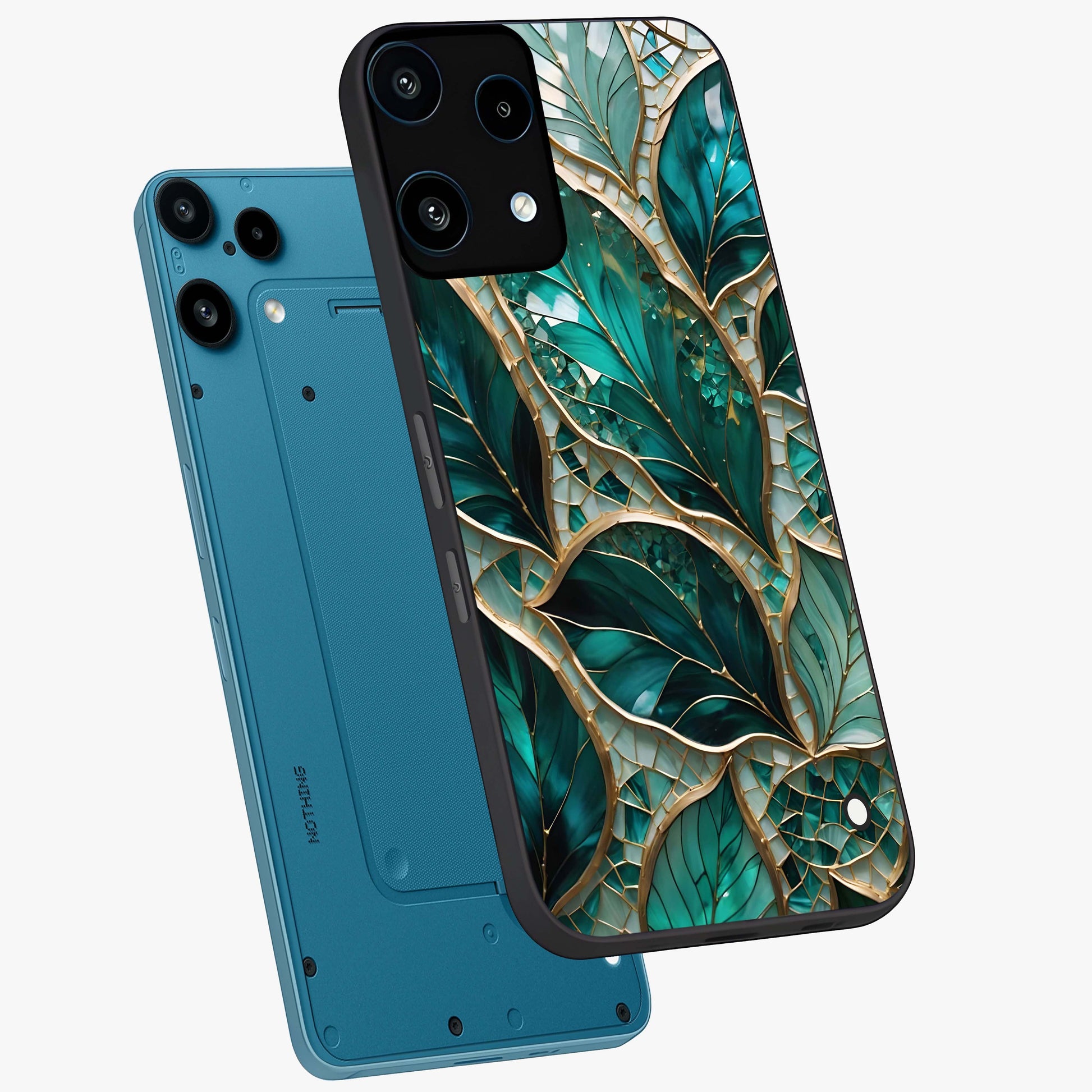 Emerald Leaf Glass Glass Case displayed in angled mockup highlighting botanical leaf illustration with elegant natural aesthetic.