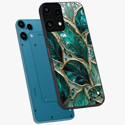 Emerald Leaf Glass Glass Case displayed in angled mockup highlighting botanical leaf illustration with elegant natural aesthetic.