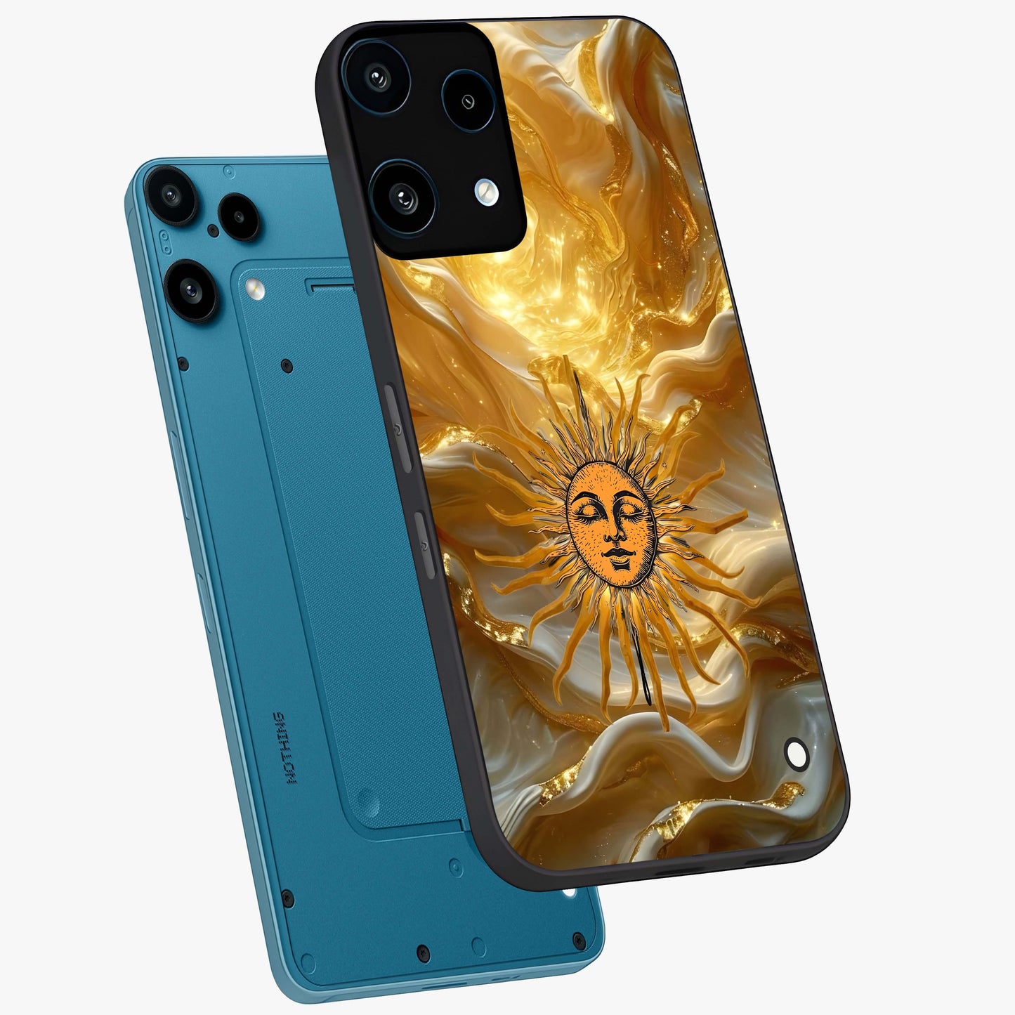 Eternal Golden Glow Glass Case displayed in angled mockup highlighting glowing golden aesthetic design with elegant style.