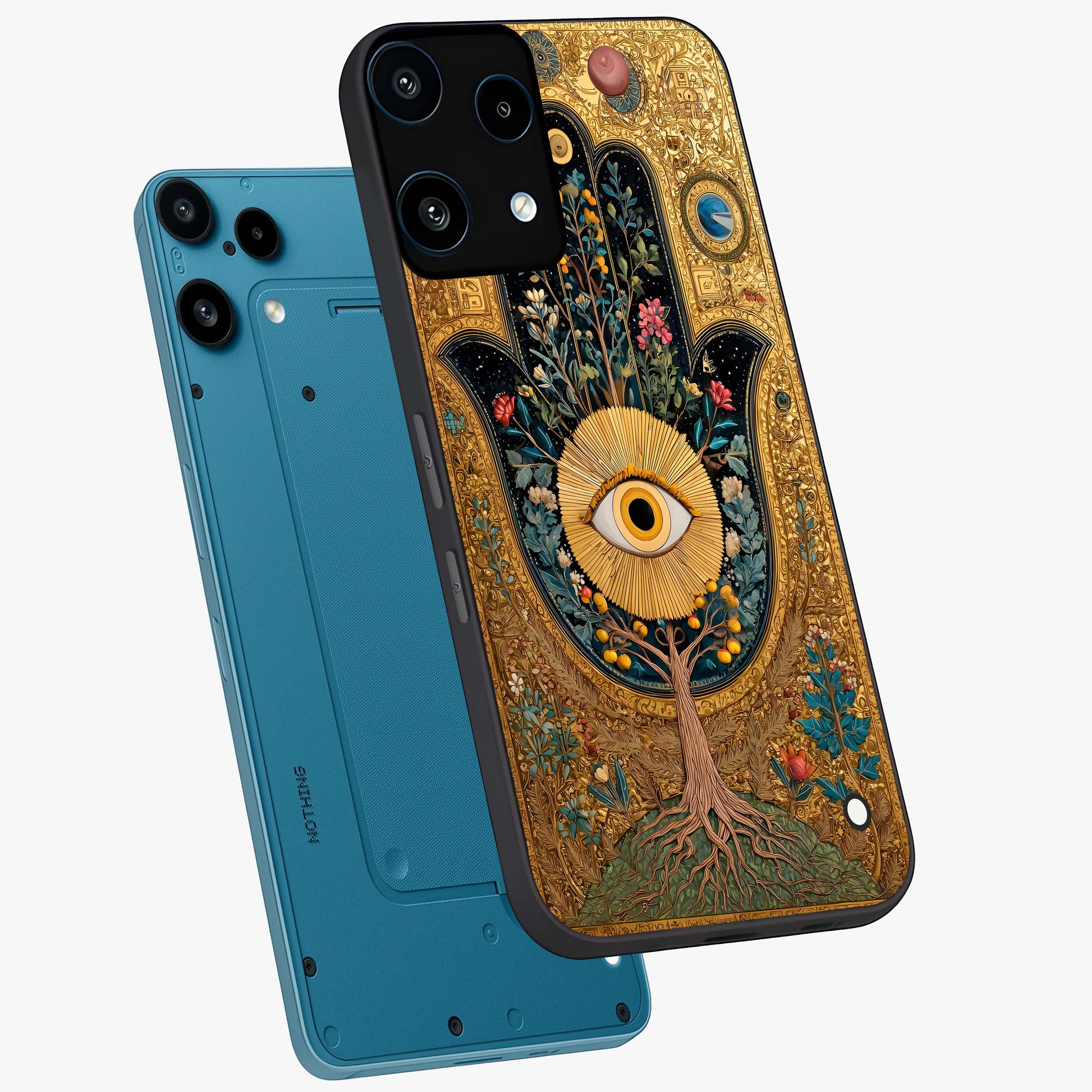 Ethereal Evil Eye Glass Case displayed in angled mockup highlighting protective evil eye symbol with spiritual aesthetic design.