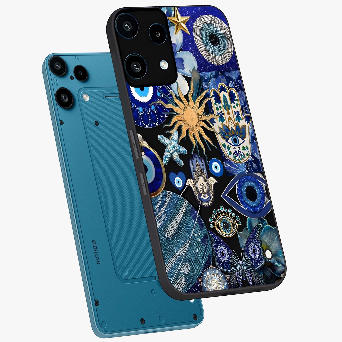 Evil Eye Charm Mix Glass Case displayed in angled mockup highlighting protective evil eye symbols with spiritual aesthetic design.