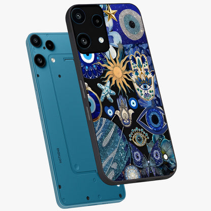Evil Eye Charm Mix Glass Case displayed in angled mockup highlighting protective evil eye symbols with spiritual aesthetic design.