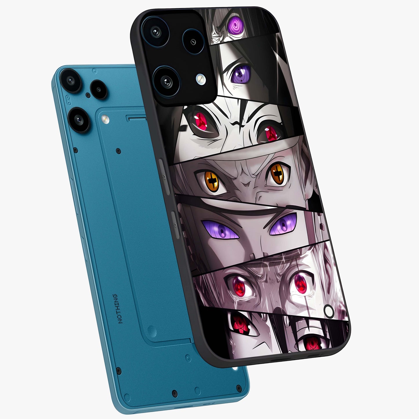 Eyes of Destiny Glass Case displayed in angled mockup highlighting bold eye illustration with mystical aesthetic style.
