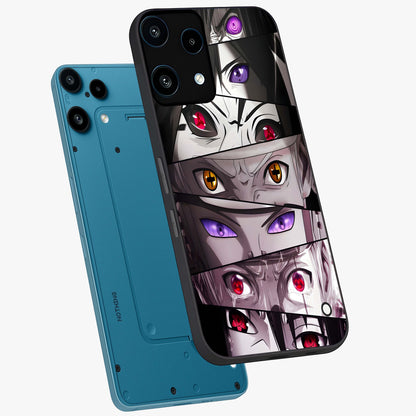 Eyes of Destiny Glass Case displayed in angled mockup highlighting bold eye illustration with mystical aesthetic style.