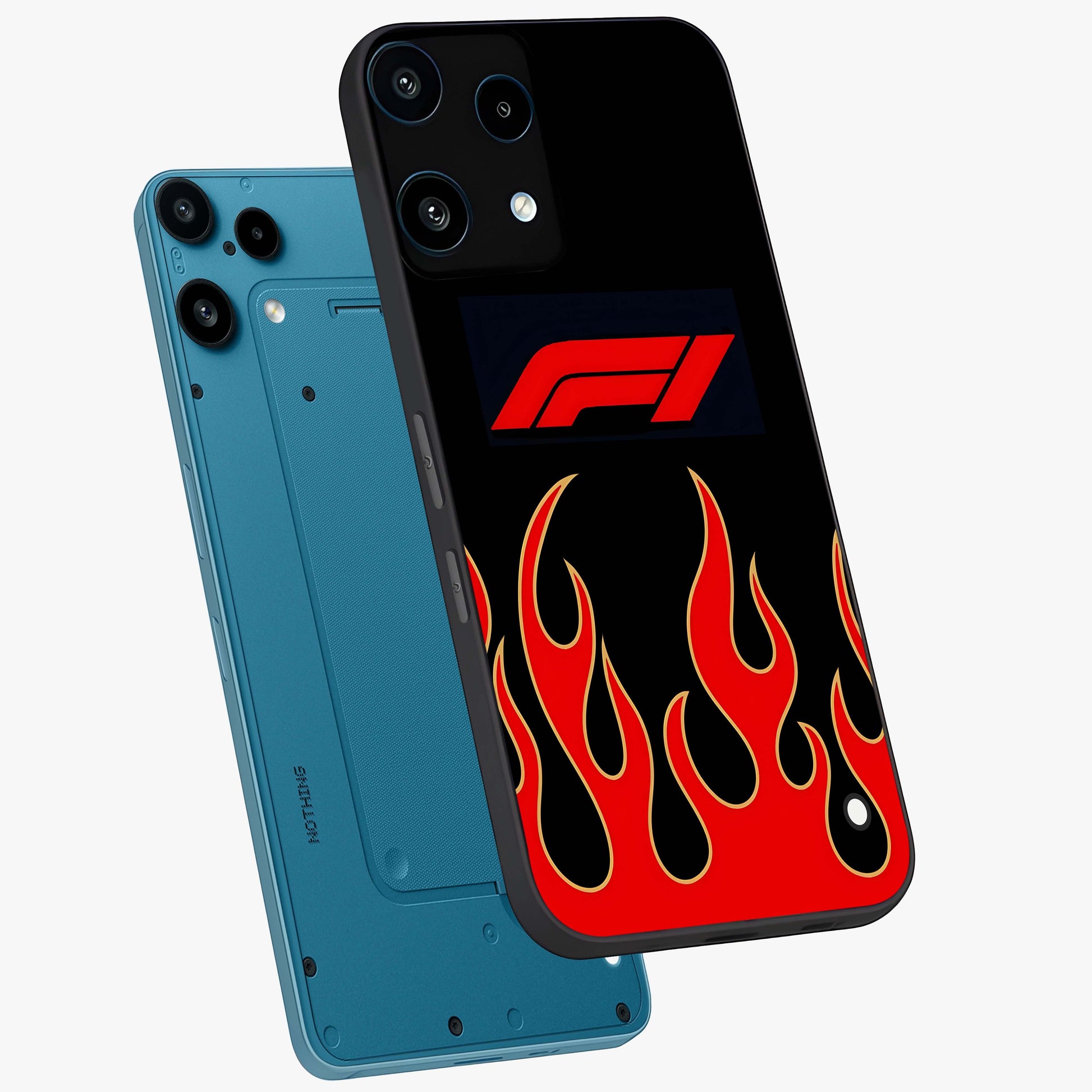 Fire F11 Glass Case displayed in angled mockup highlighting bold fire inspired graphic with energetic aesthetic style.