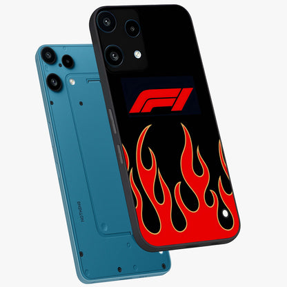 Fire F11 Glass Case displayed in angled mockup highlighting bold fire inspired graphic with energetic aesthetic style.