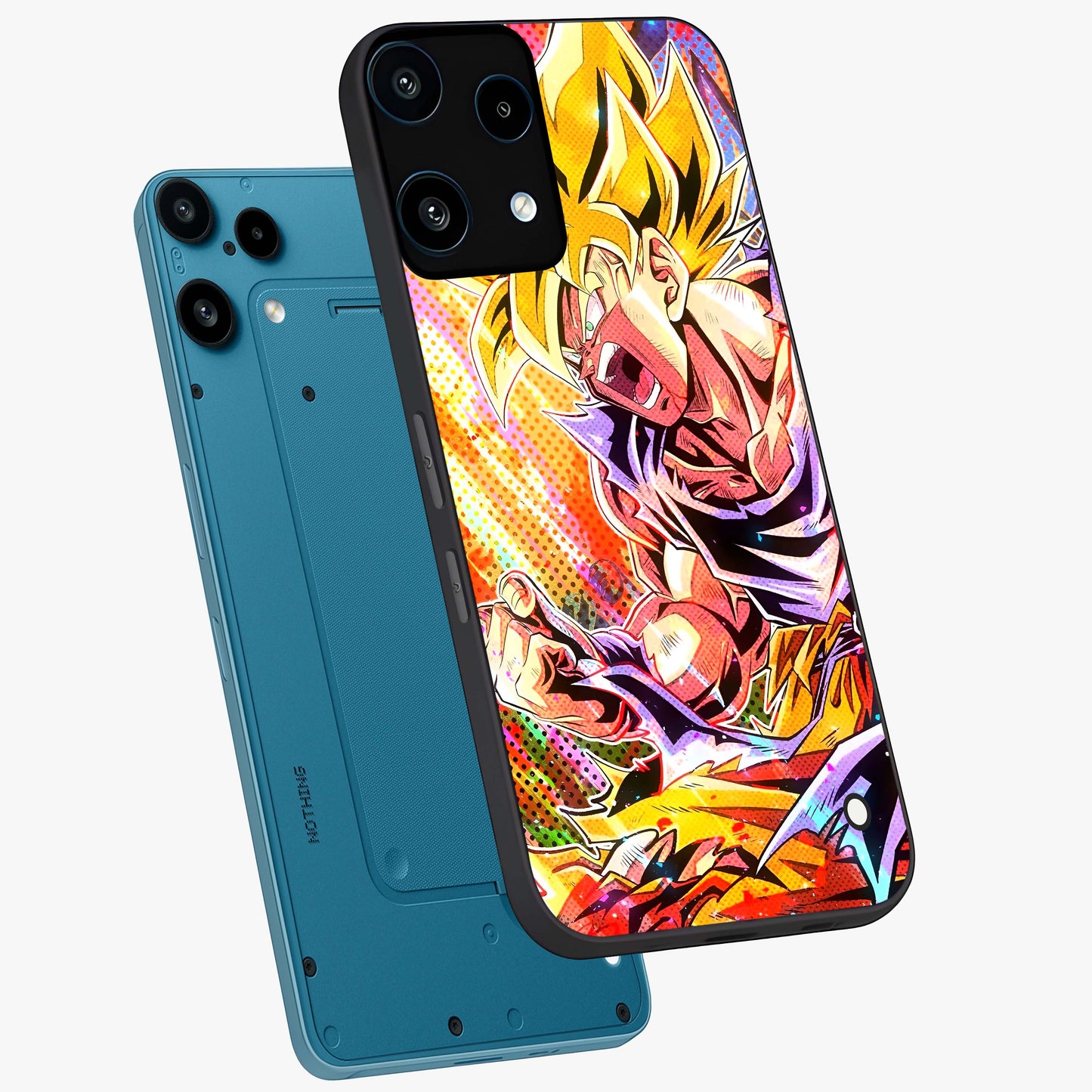 Firing Goku Glass Case displayed in angled mockup highlighting dynamic anime character design with action aesthetic.
