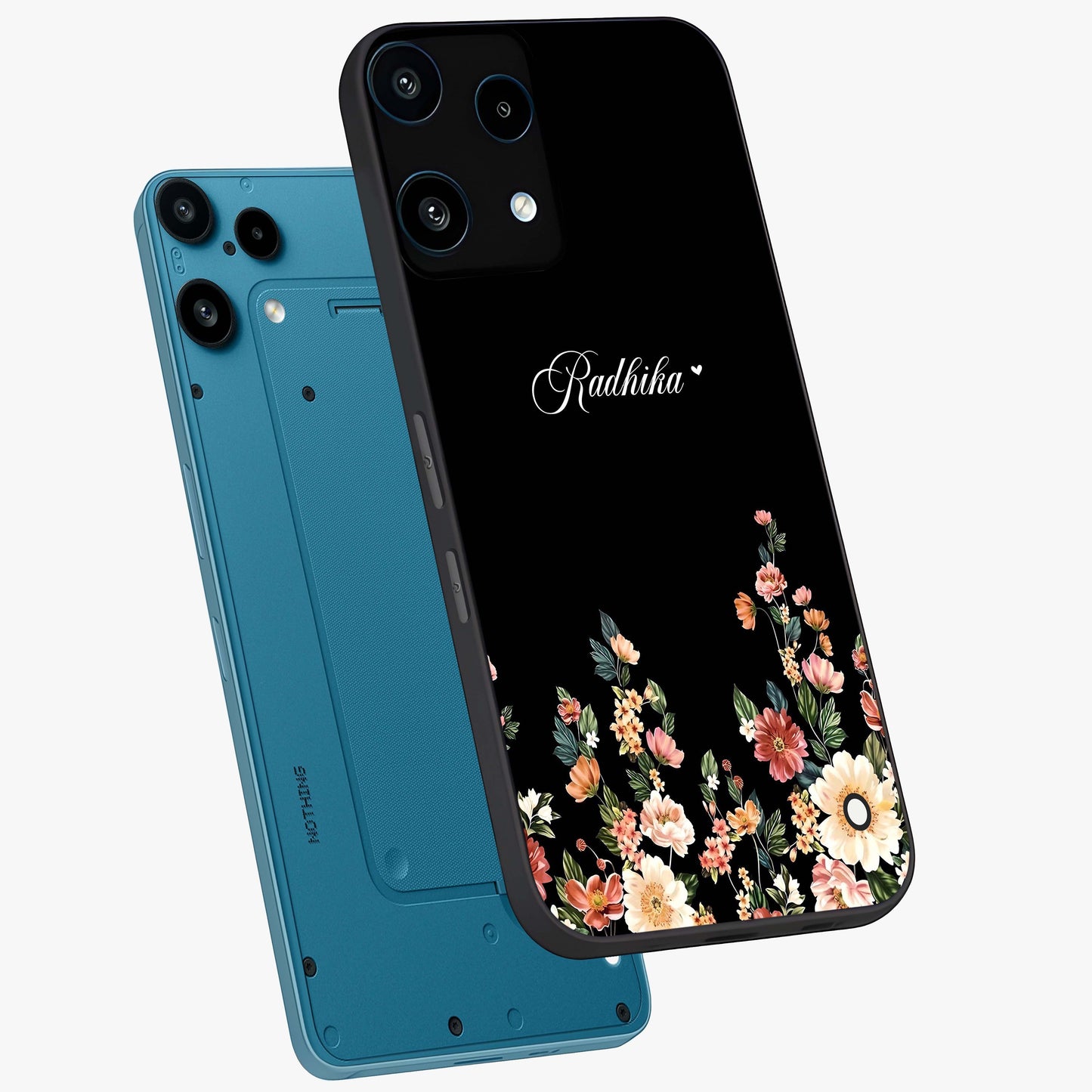 Floral Design With a Custom Personalized Name Glass Case displayed in angled mockup highlighting elegant floral pattern with custom name feature.