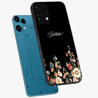 Floral Design With a Custom Personalized Name Glass Case displayed in angled mockup highlighting elegant floral pattern with custom name feature.