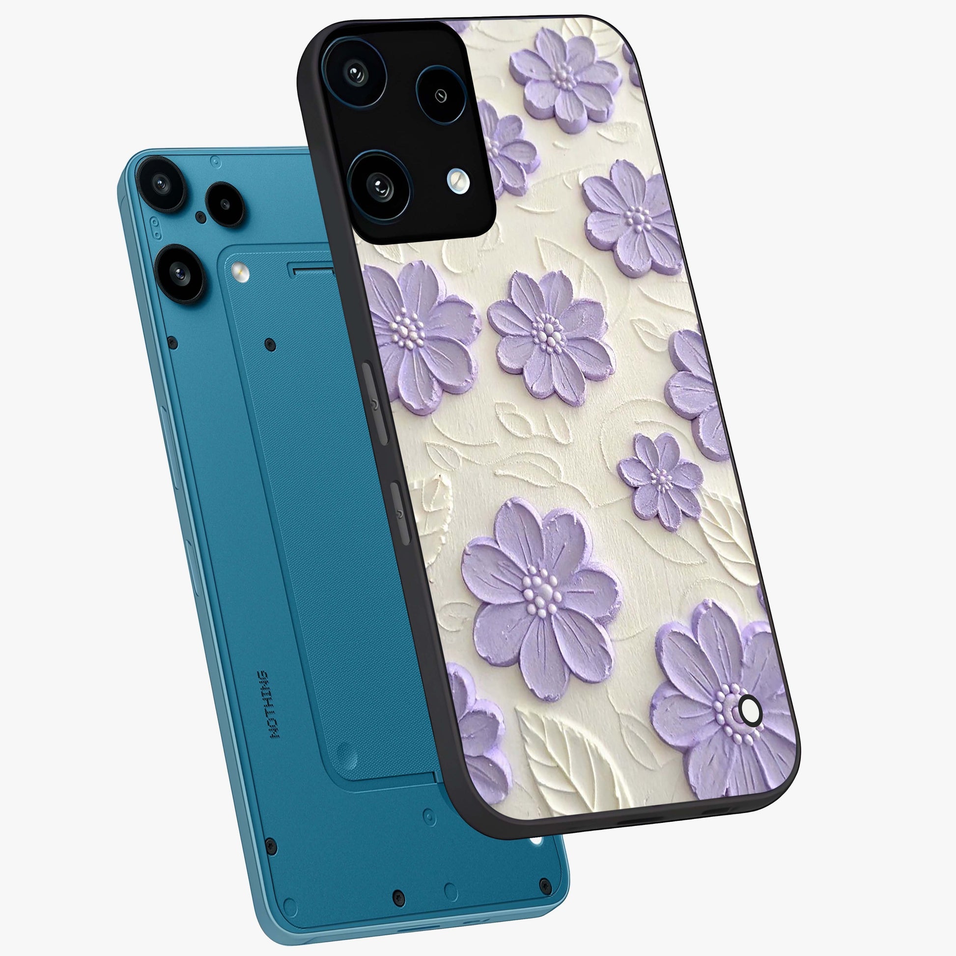 Floral Wall Art With Purple Flowers Glass Case displayed in angled mockup highlighting vibrant purple floral illustration with artistic aesthetic.