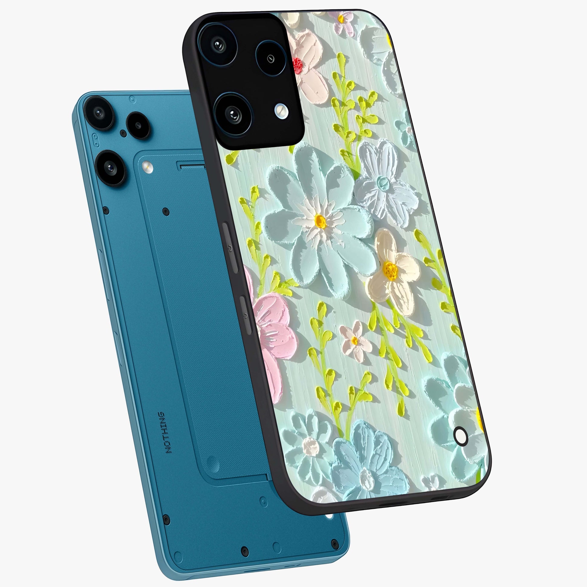 Frosted Petal Garden Glass Case displayed in angled mockup highlighting delicate flower petal design with calm garden aesthetic.