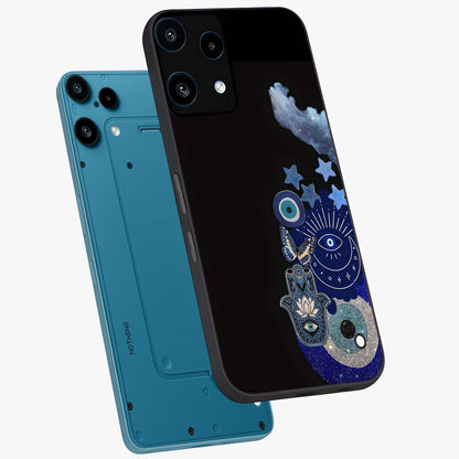 Galactic Charm Cluster Glass Case displayed in angled mockup highlighting luminous galaxy inspired design with dreamy aesthetic.