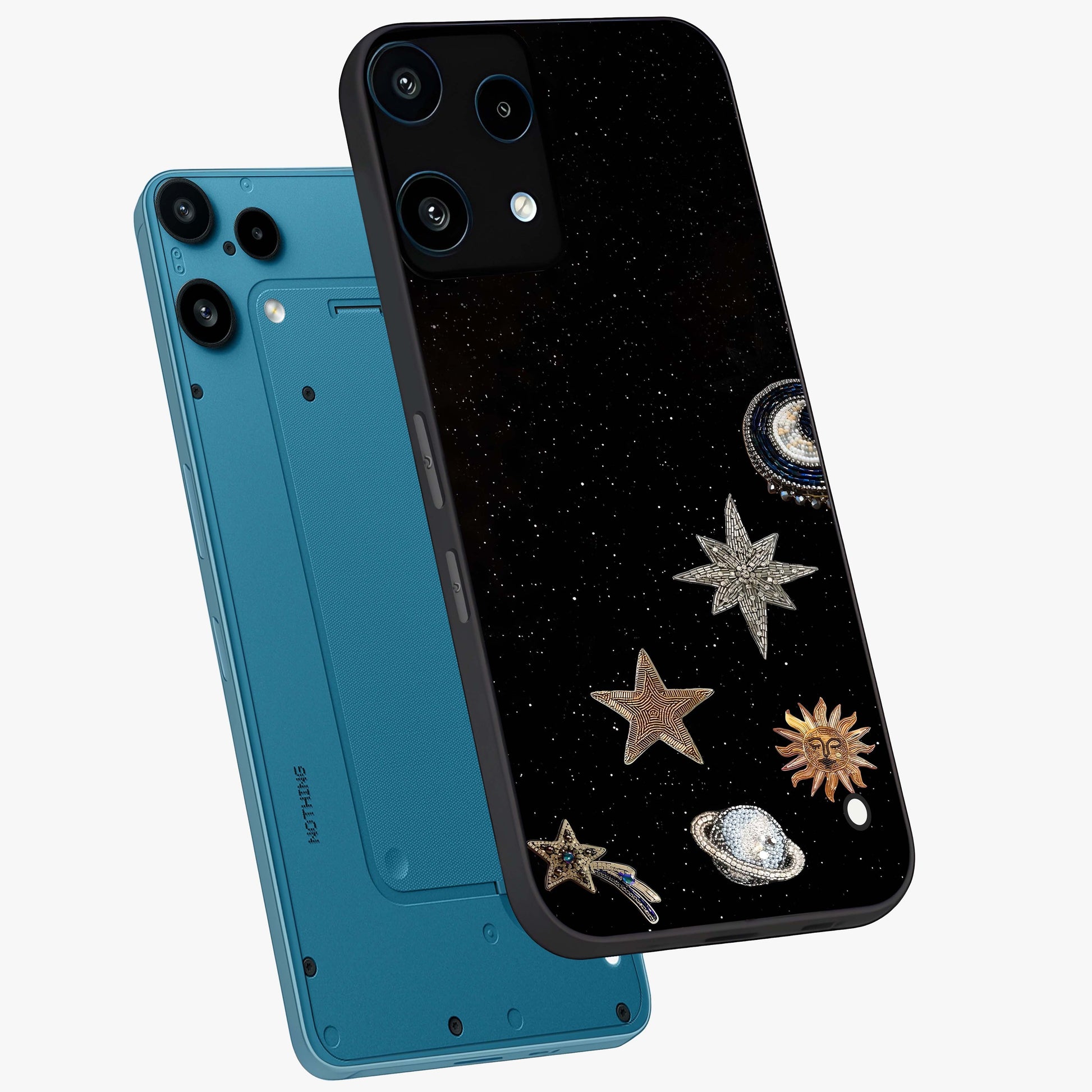Galactic Charm Glow Glass Case displayed in angled mockup highlighting luminous galaxy inspired design with dreamy aesthetic.