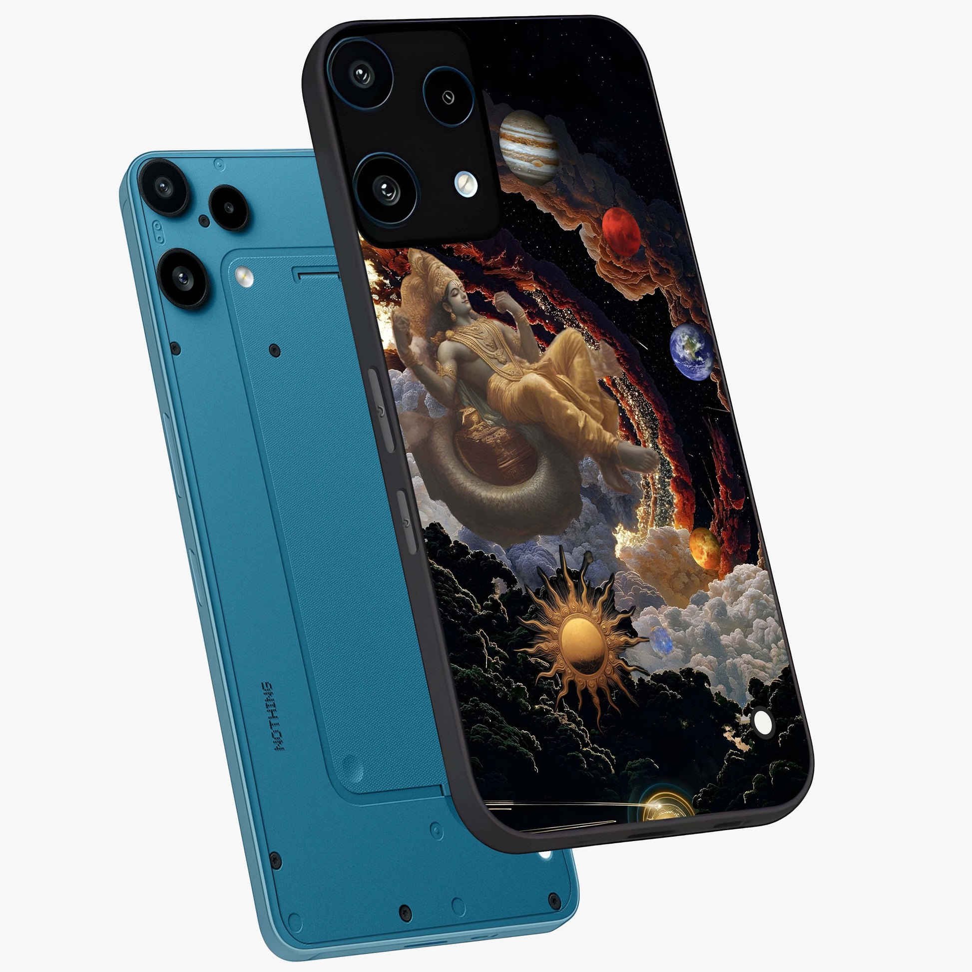 Galactic Divine God Glass Case displayed in angled mockup highlighting powerful celestial deity illustration with galactic aesthetic.