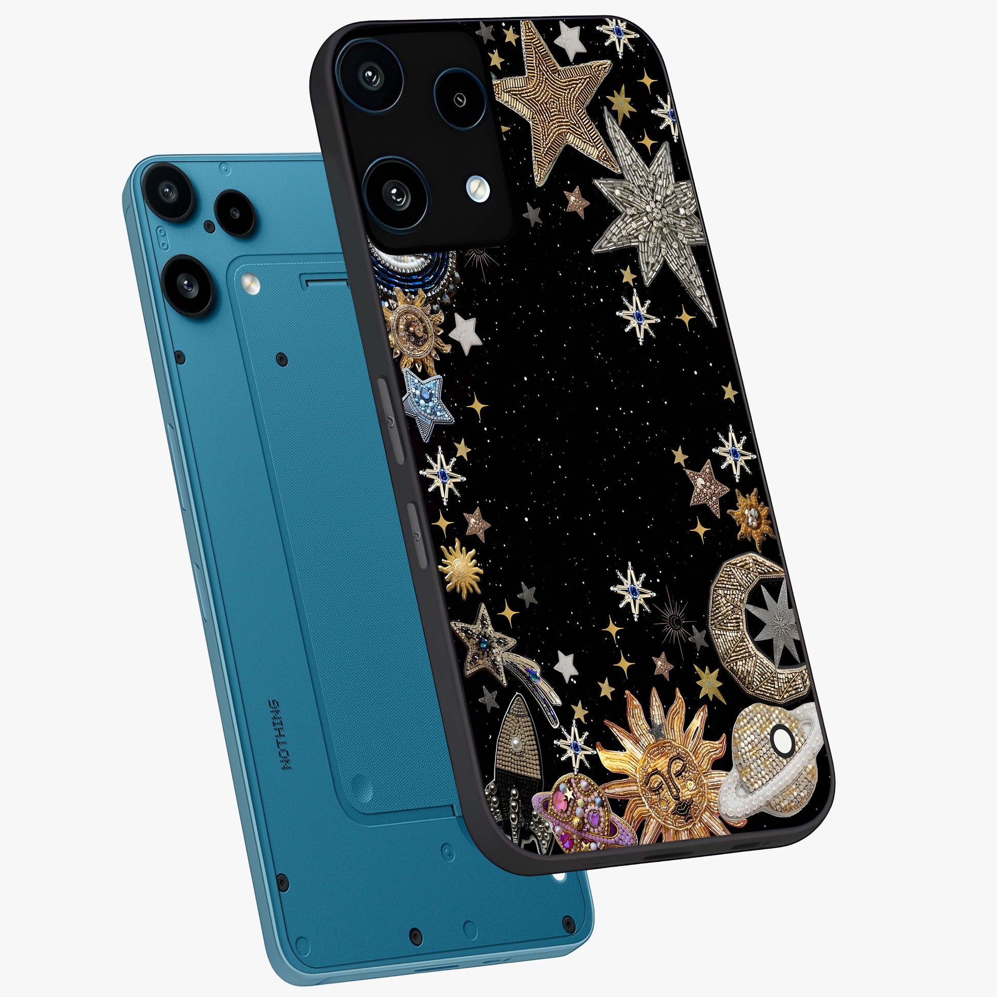 Galactic Jewel Stars Glass Case displayed in angled mockup highlighting shining celestial star design with cosmic aesthetic style.