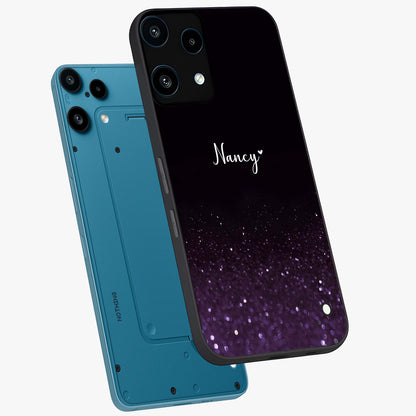 Glittery Purple Bokeh Custom Name Glass Case displayed in angled mockup highlighting glitter bokeh pattern with custom name feature.